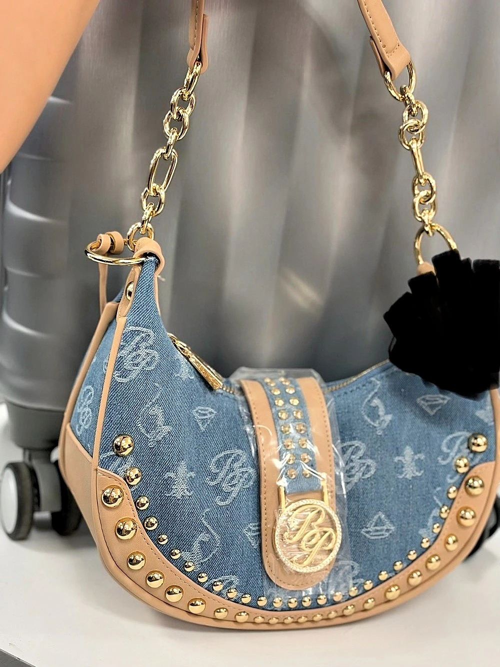 Baby Phat Blue Denim and Tan Studded Shoulder Bag